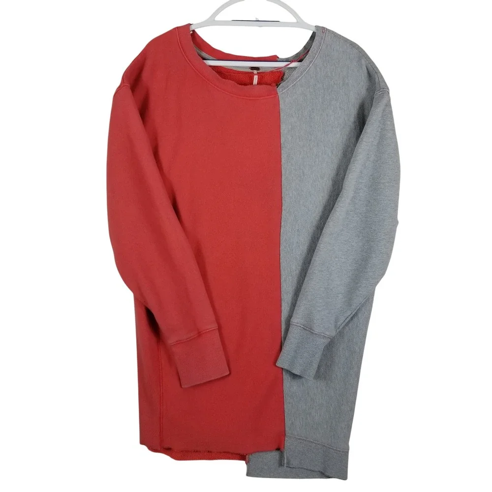 Free People‎ Split Color Oversized Sweatshirt Coral Gray Two Tone Asymmetrical S